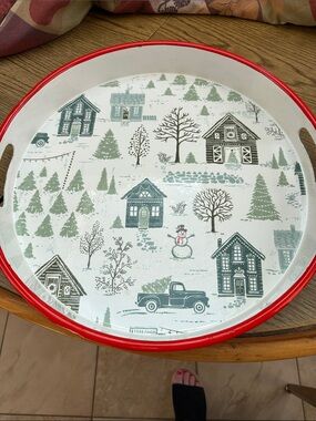 Holiday  Village Decorative Serving Tray - Red Metal